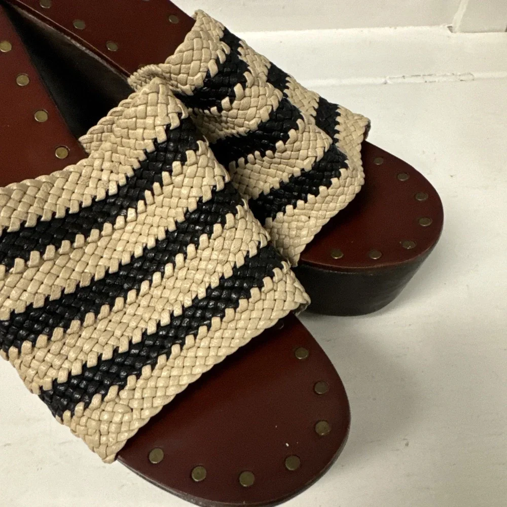 Joie Black Ivory Black Woven Stripe Braided Leather Platform Wood Wedges 10 - 40